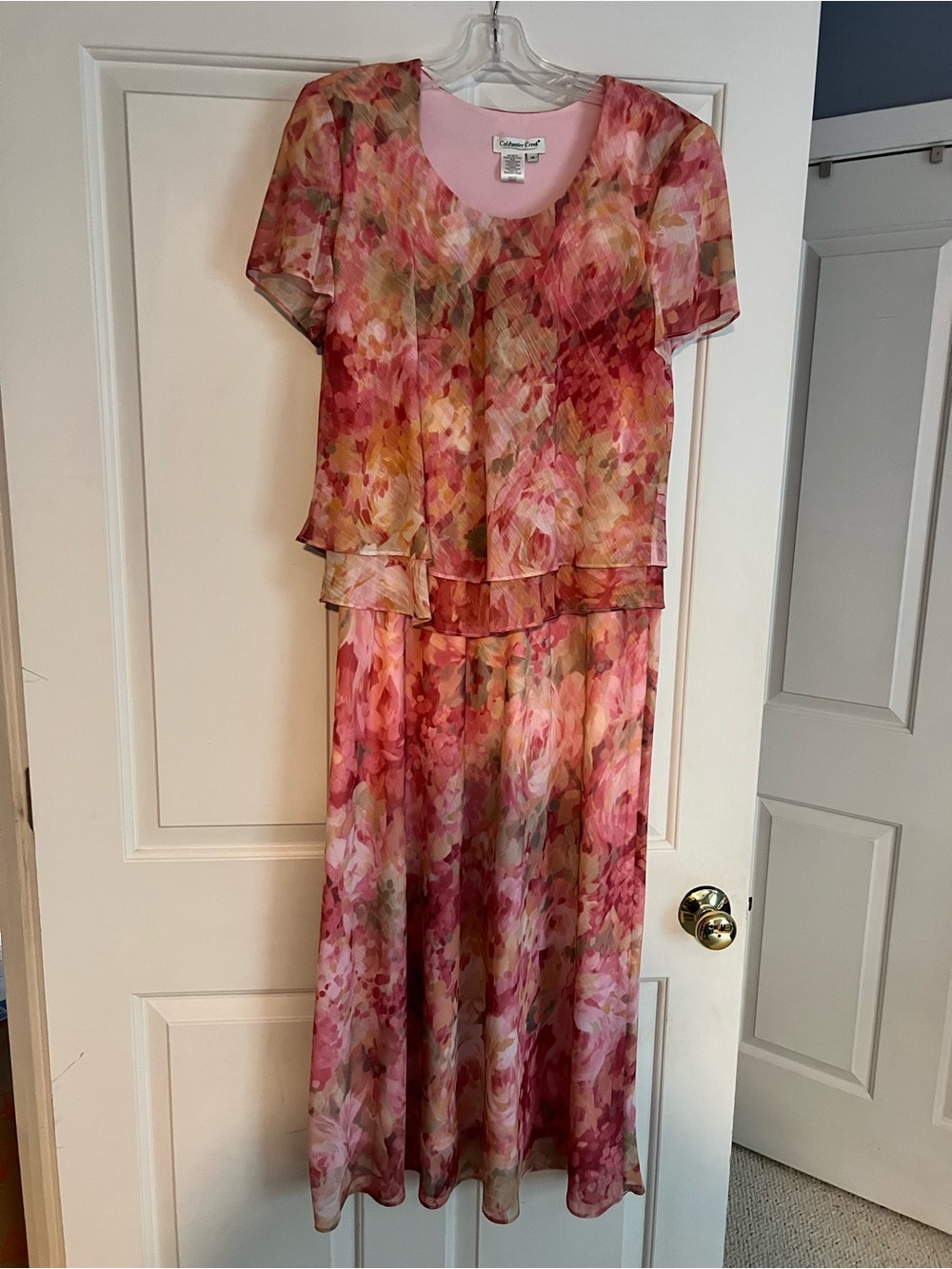 Vintage Coldwater Creek Pink and Gold Watercolor Floral Maxi Dress